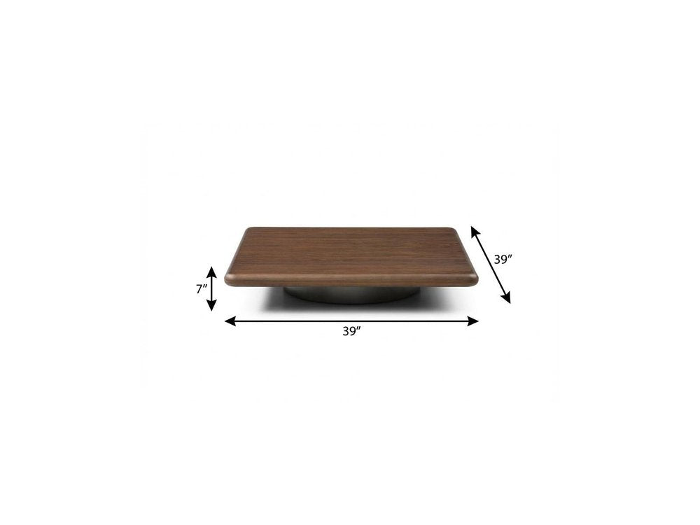 39" Brown and Silver Wood and Stainless Steel Square Pedestal Coffee Table HomeRoots