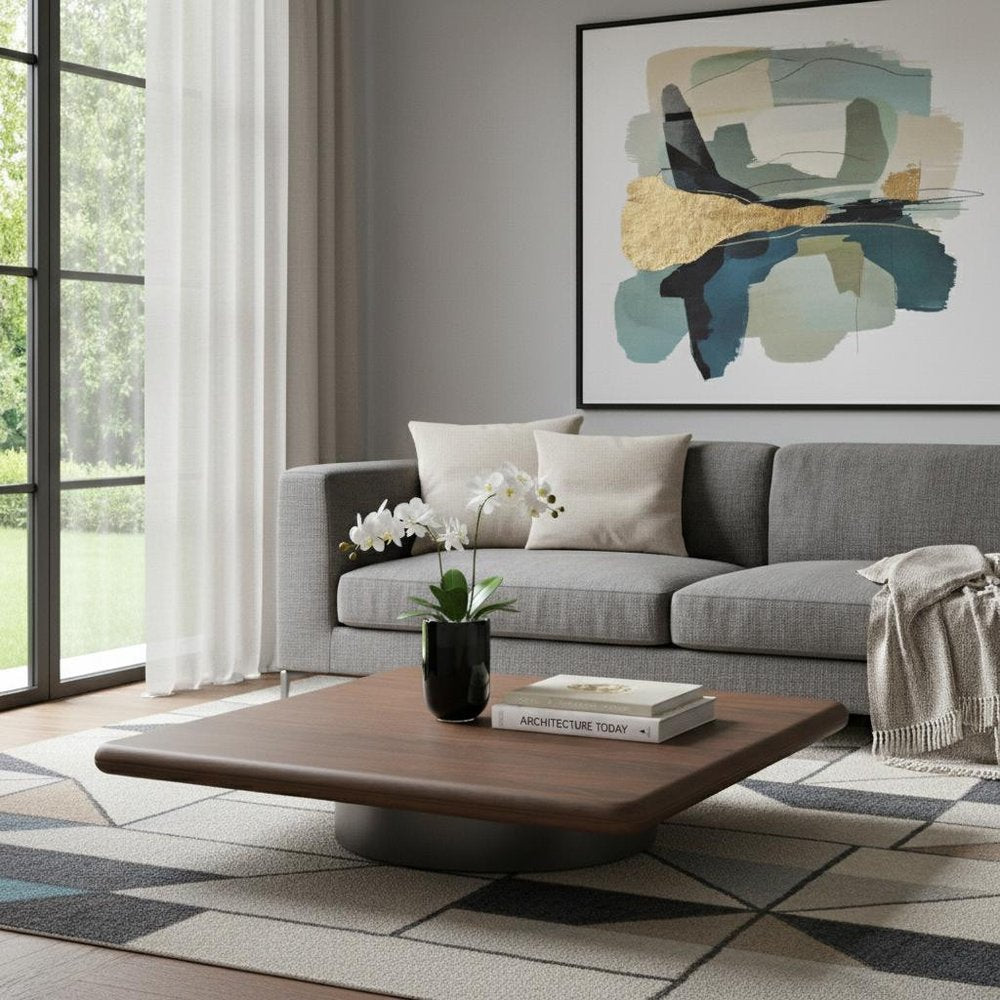 39" Brown and Silver Wood and Stainless Steel Square Pedestal Coffee Table HomeRoots