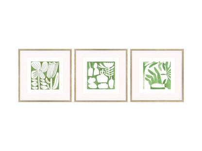 Set Of Three Green Modern Garden Gold Framed Wall Art