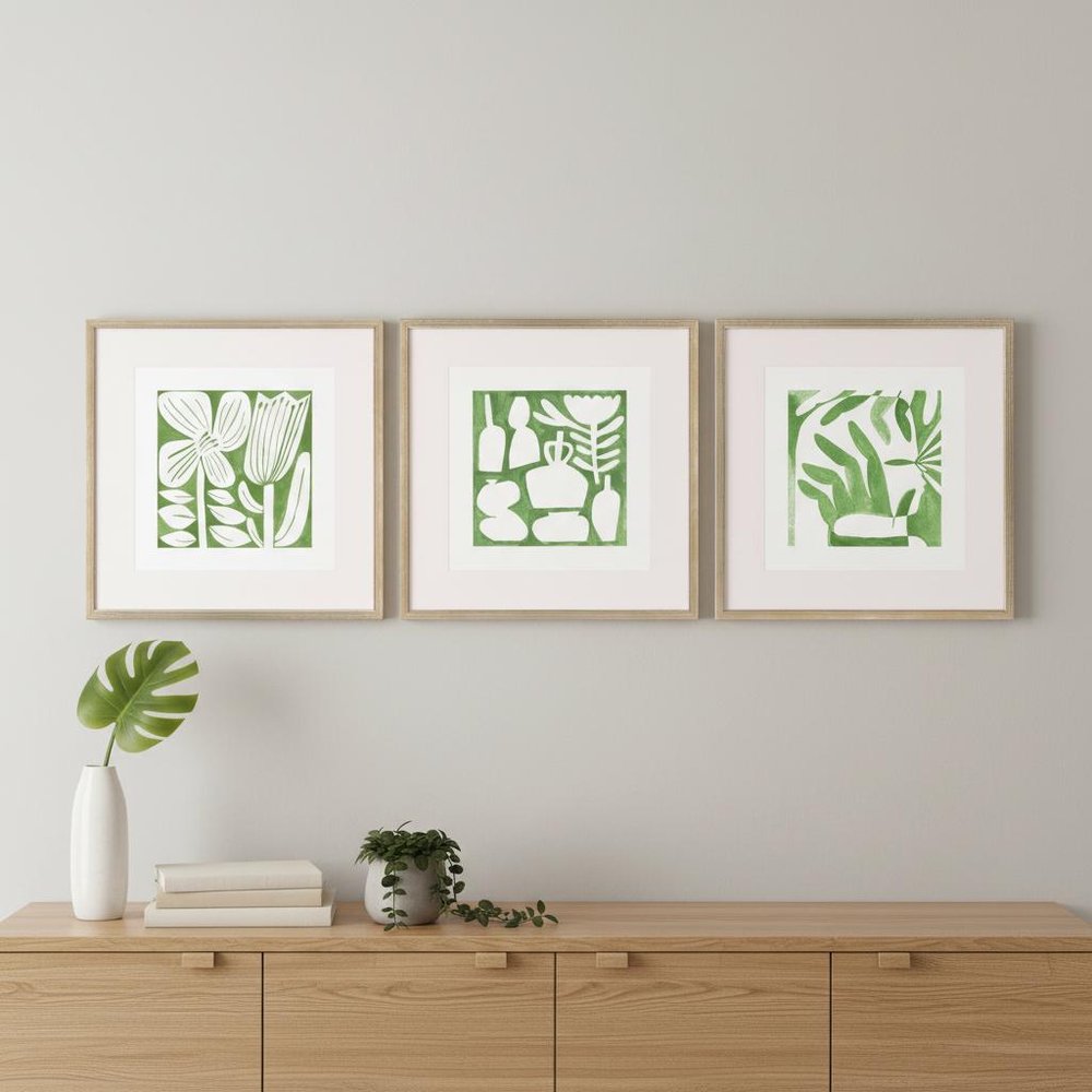 Set Of Three Green Modern Garden Gold Framed Wall Art — view 5