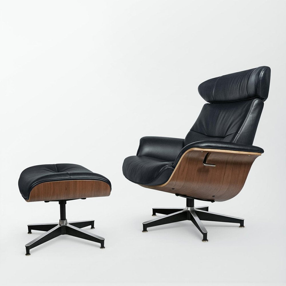 33" Black and Walnut Leather And Wood Swivel Lounge Chair With Ottoman HomeRoots