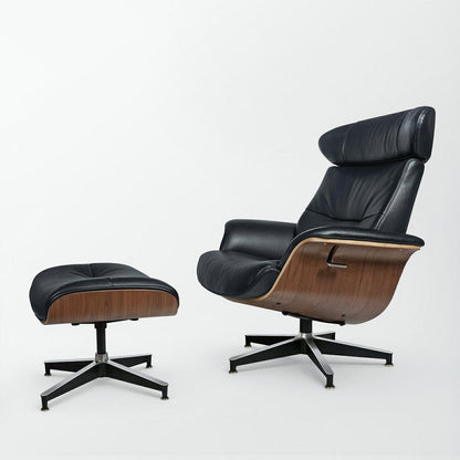 33" Black and Walnut Leather And Wood Swivel Lounge Chair With Ottoman HomeRoots