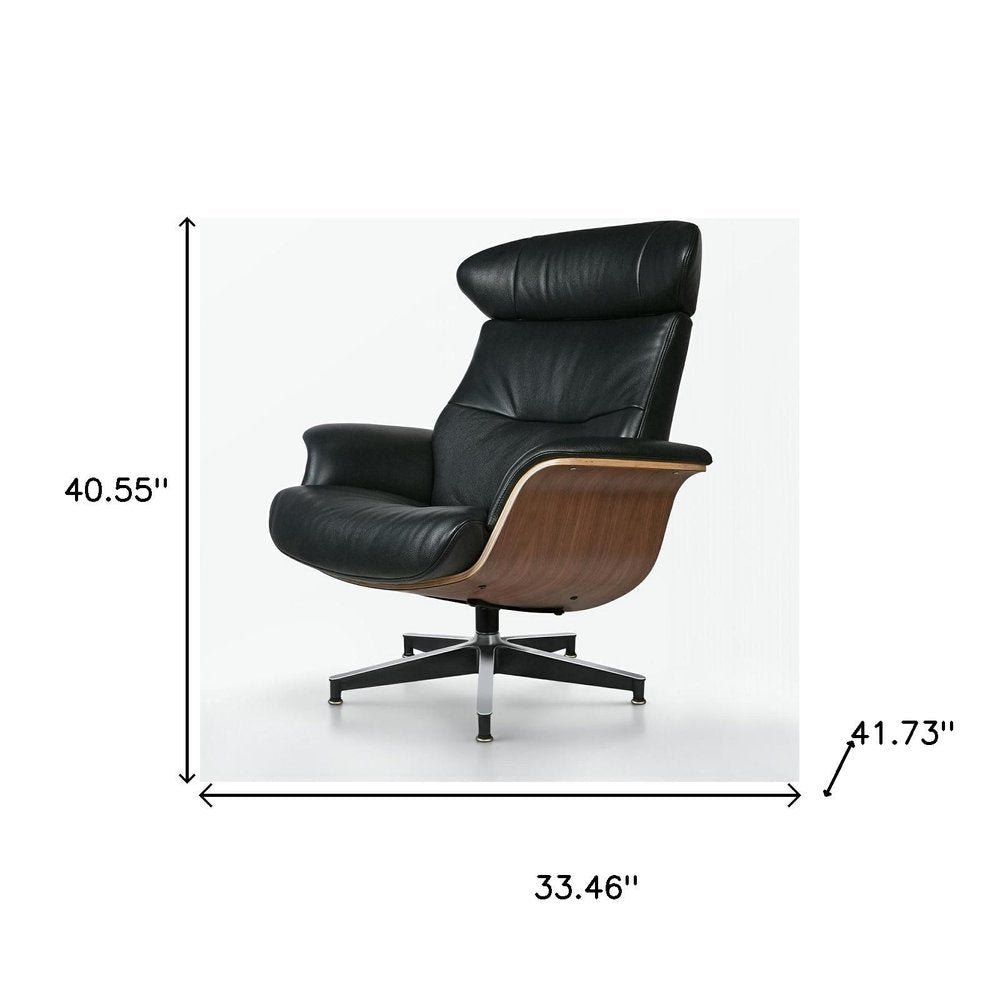 33" Black and Walnut Leather And Wood Swivel Lounge Chair With Ottoman HomeRoots