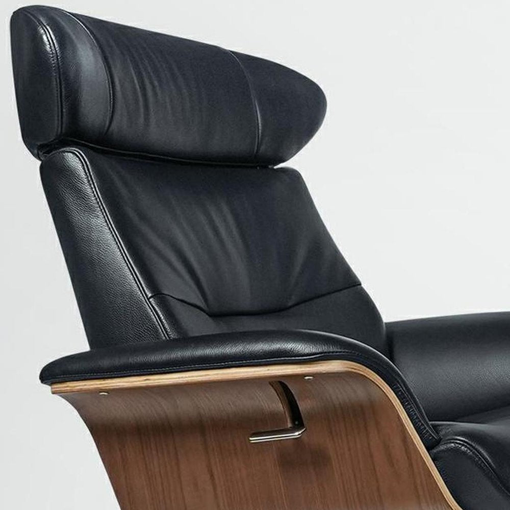 33" Black and Walnut Leather And Wood Swivel Lounge Chair With Ottoman HomeRoots
