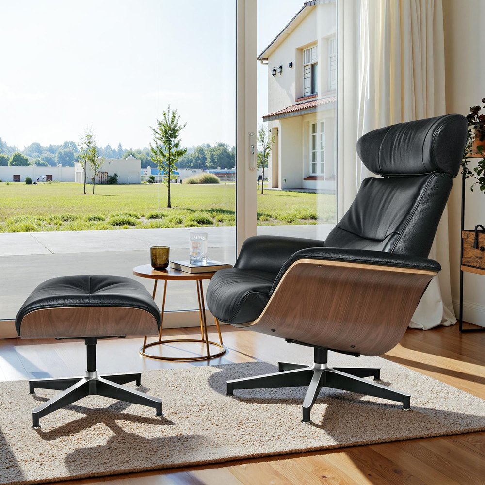 33" Black and Walnut Leather And Wood Swivel Lounge Chair With Ottoman HomeRoots