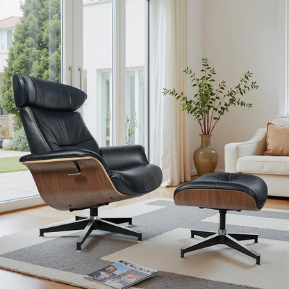 33" Black and Walnut Leather And Wood Swivel Lounge Chair With Ottoman HomeRoots