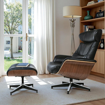 33" Black and Walnut Leather And Wood Swivel Lounge Chair With Ottoman HomeRoots
