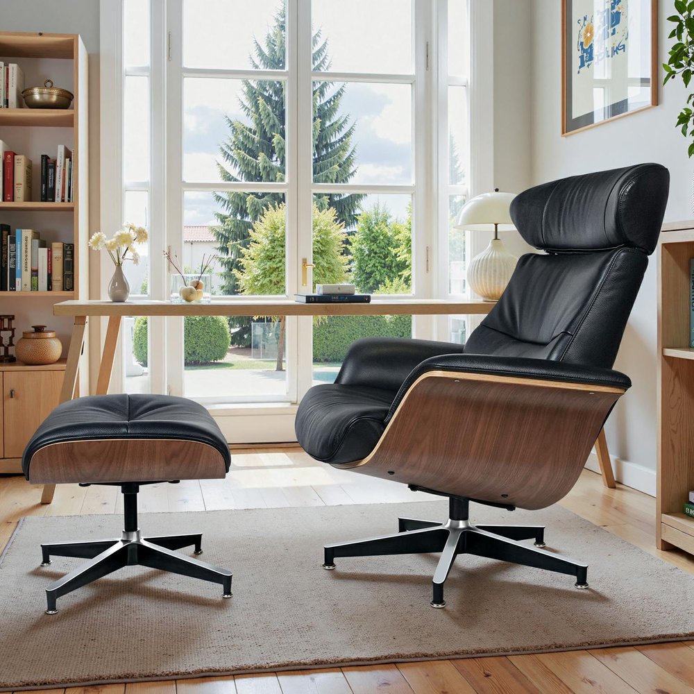 33" Black and Walnut Leather And Wood Swivel Lounge Chair With Ottoman HomeRoots