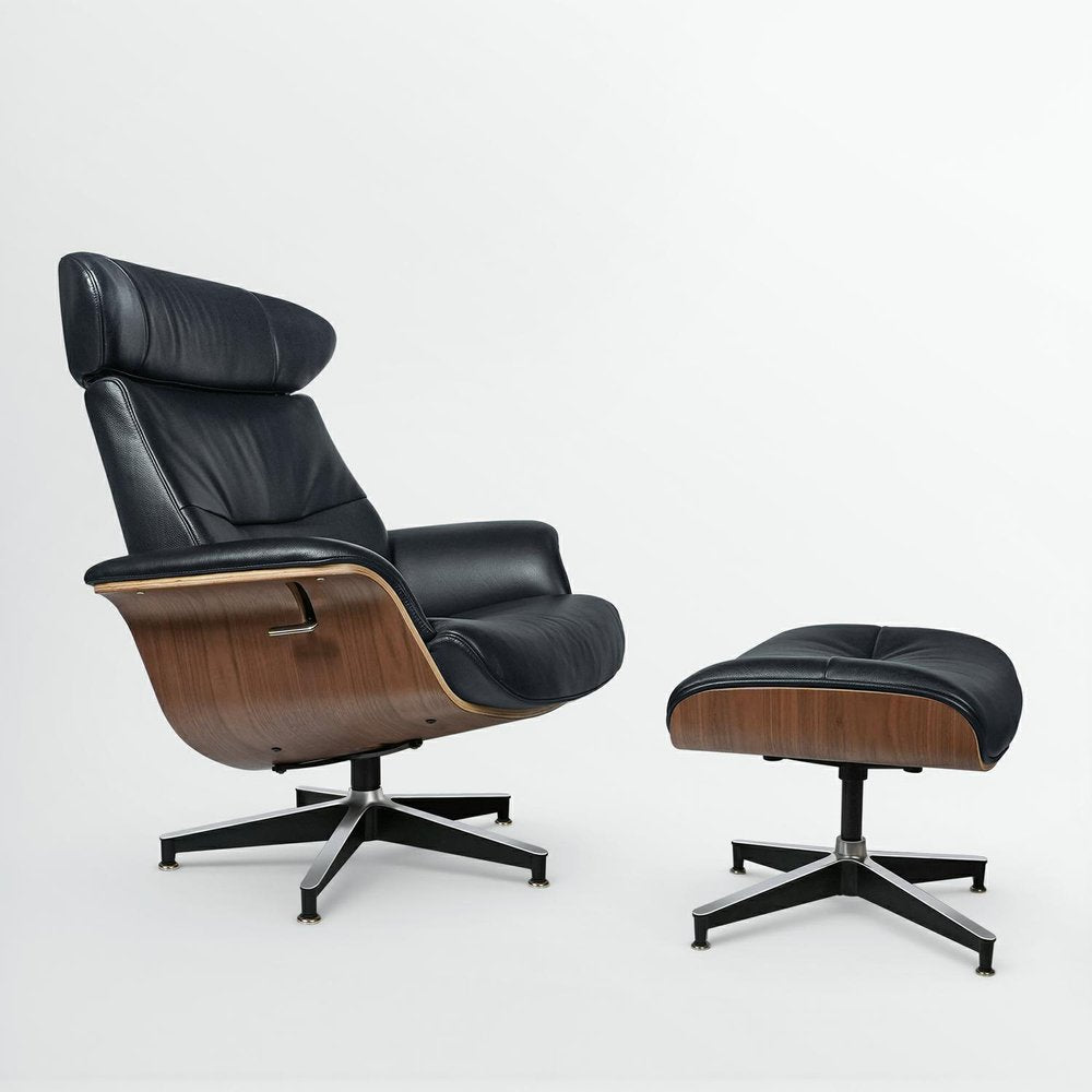 33" Black and Walnut Leather And Wood Swivel Lounge Chair With Ottoman HomeRoots
