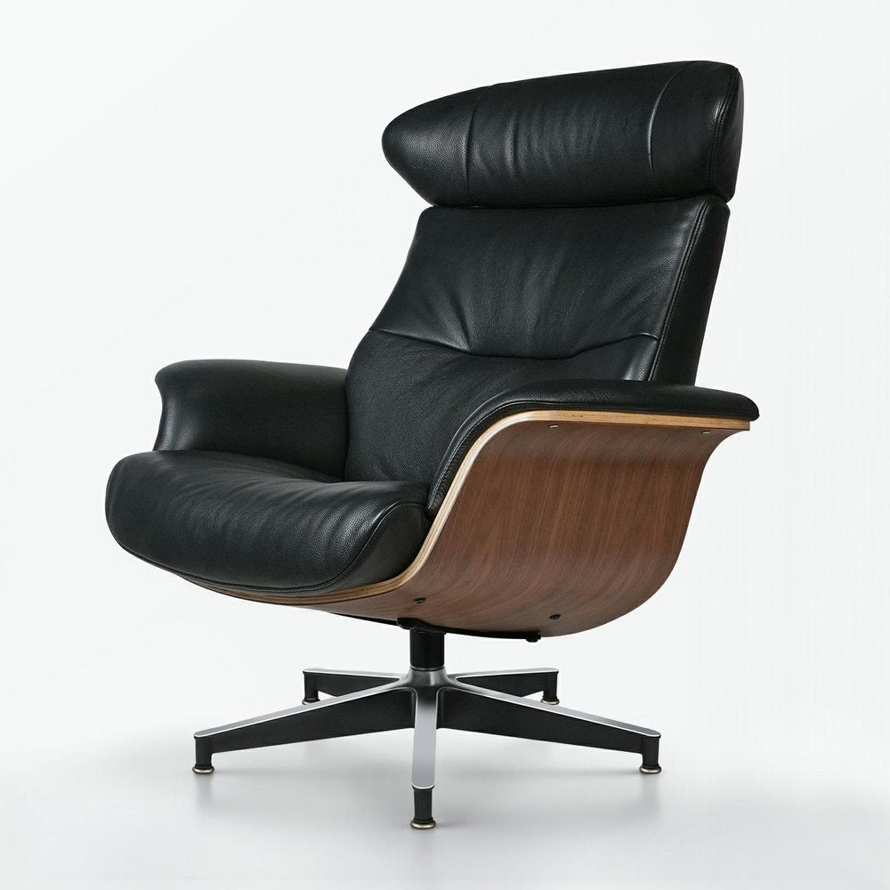 33" Black and Walnut Leather And Wood Swivel Lounge Chair With Ottoman HomeRoots