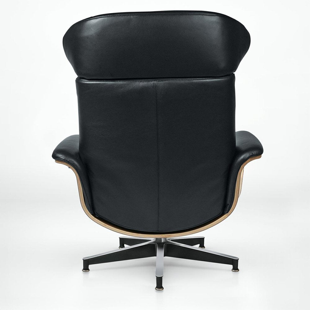 33" Black and Walnut Leather And Wood Swivel Lounge Chair With Ottoman HomeRoots
