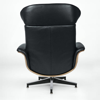 33" Black and Walnut Leather And Wood Swivel Lounge Chair With Ottoman HomeRoots