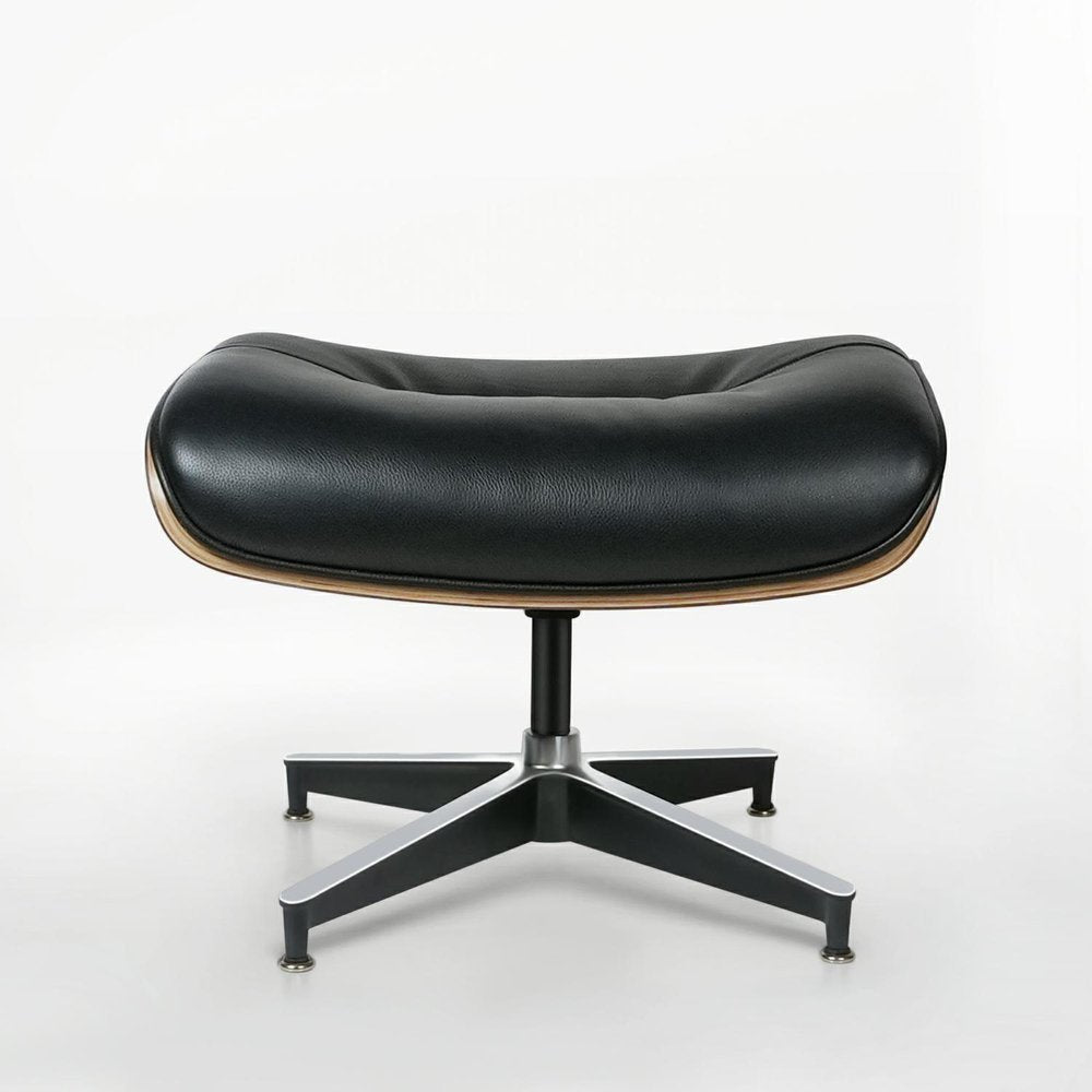 33" Black and Walnut Leather And Wood Swivel Lounge Chair With Ottoman HomeRoots