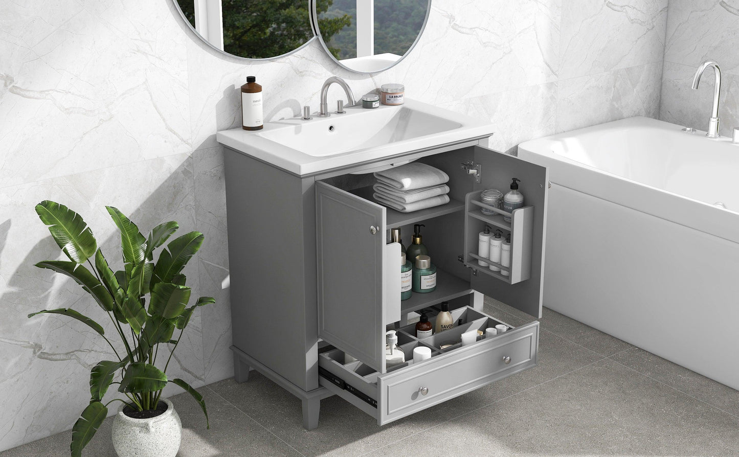 30inchgrey Bathroom Vanity with Sink ComboMulti-functional Bathroom Cabinet with Doors and Drawer Solid Frame and MDF Board - FurniFindUSA