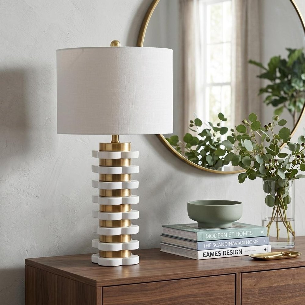 27" White Novelty Table Lamp With Drum Shade HomeRoots