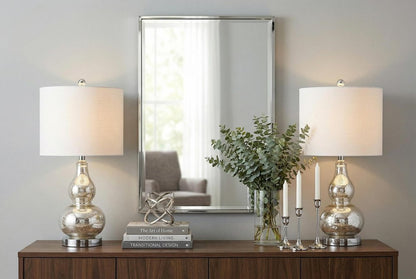 Set of Two 21" Silver Gourd Table Lamps With Drum Shades HomeRoots