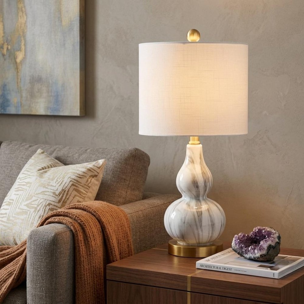 21" Gold Gourd Table Lamp With Drum Shade HomeRoots