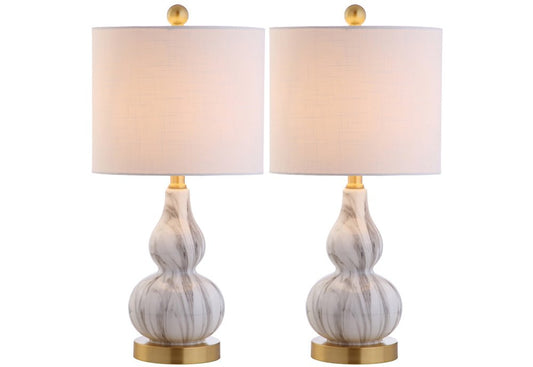 Set of Two 21" Gold Gourd Desk Lamps With Drum Shades HomeRoots