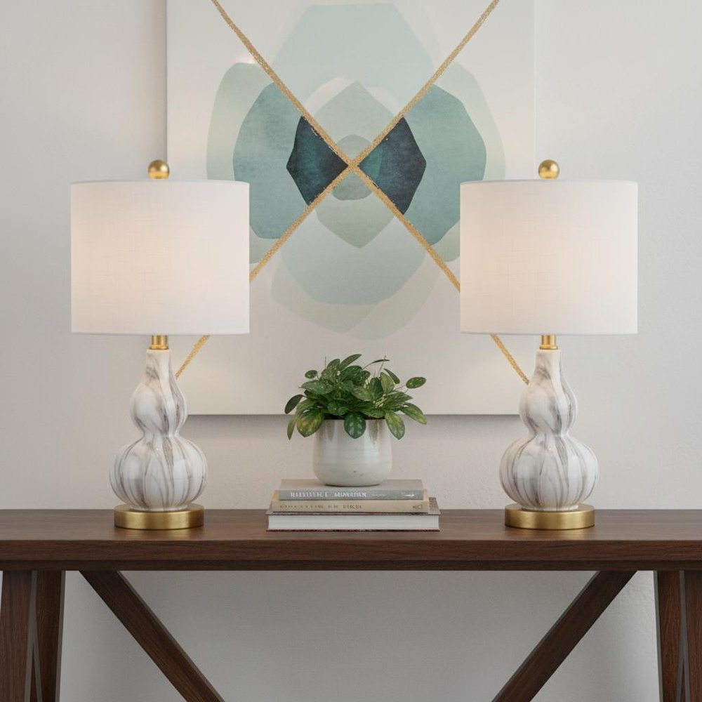 Set of Two 21" Gold Gourd Desk Lamps With Drum Shades HomeRoots