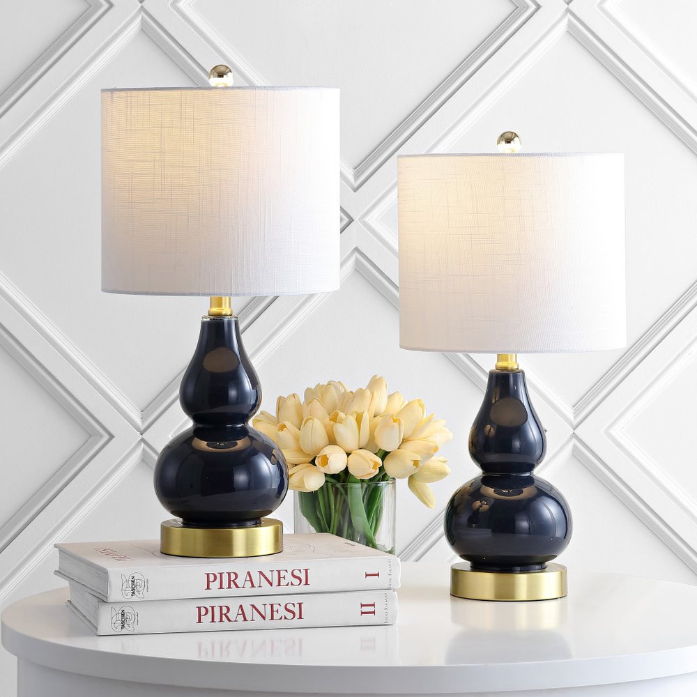 Set of Two 21" Navy Blue And Gold Gourd Table Lamps With Drum Shades HomeRoots