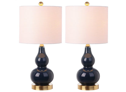 Set of Two 21" Navy Blue And Gold Gourd Table Lamps With Drum Shades HomeRoots