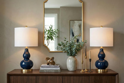Set of Two 21" Navy Blue And Gold Gourd Table Lamps With Drum Shades HomeRoots