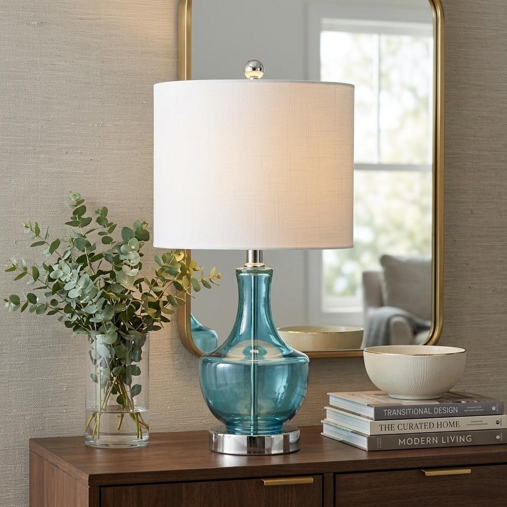 20" Turquoise And Silver Glass Gourd Table Lamp With Drum Shade HomeRoots
