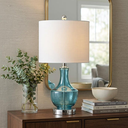 20" Turquoise And Silver Glass Gourd Table Lamp With Drum Shade HomeRoots