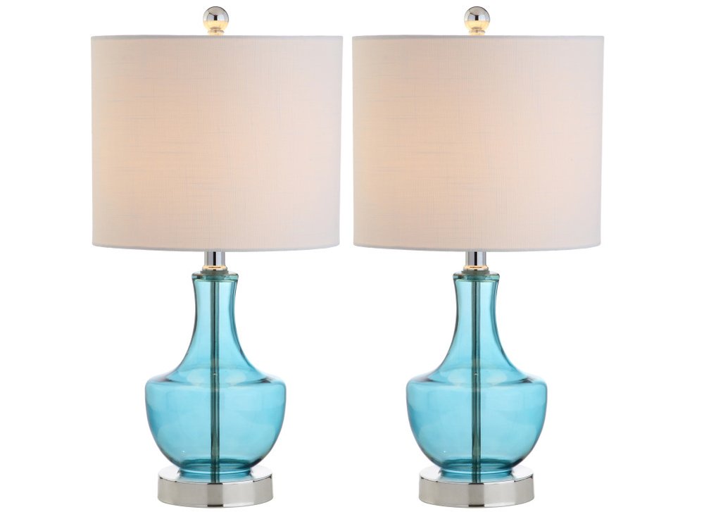Set of Two 20" Turquoise Gourd Bedside Lamps With Drum Shades — view 1