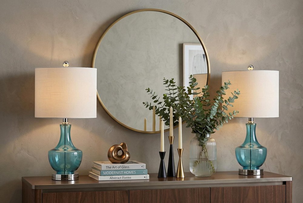 Set of Two 20" Turquoise Gourd Bedside Lamps With Drum Shades — view 3