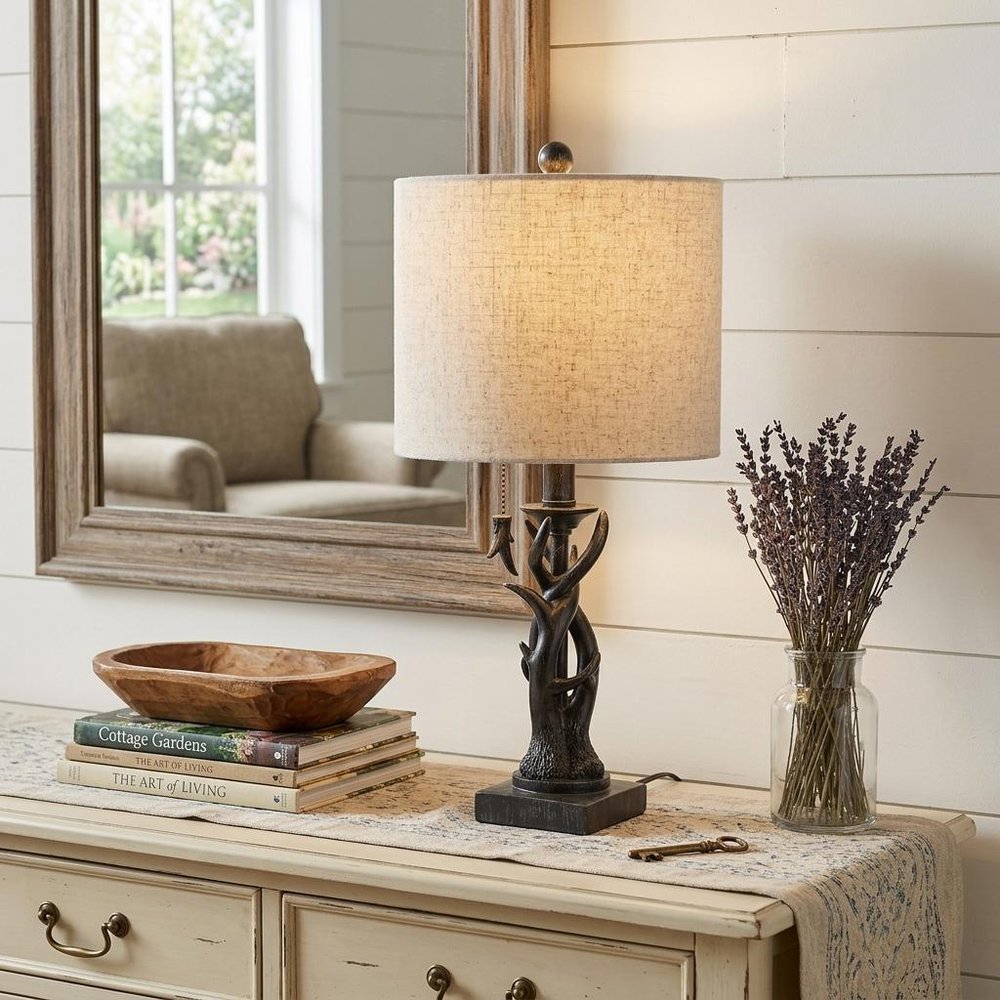 21" Black Antlers Table Lamp With Drum Shade HomeRoots