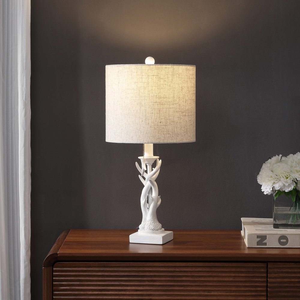21" Antiqued White Antlers Desk Lamp With Drum Shade HomeRoots