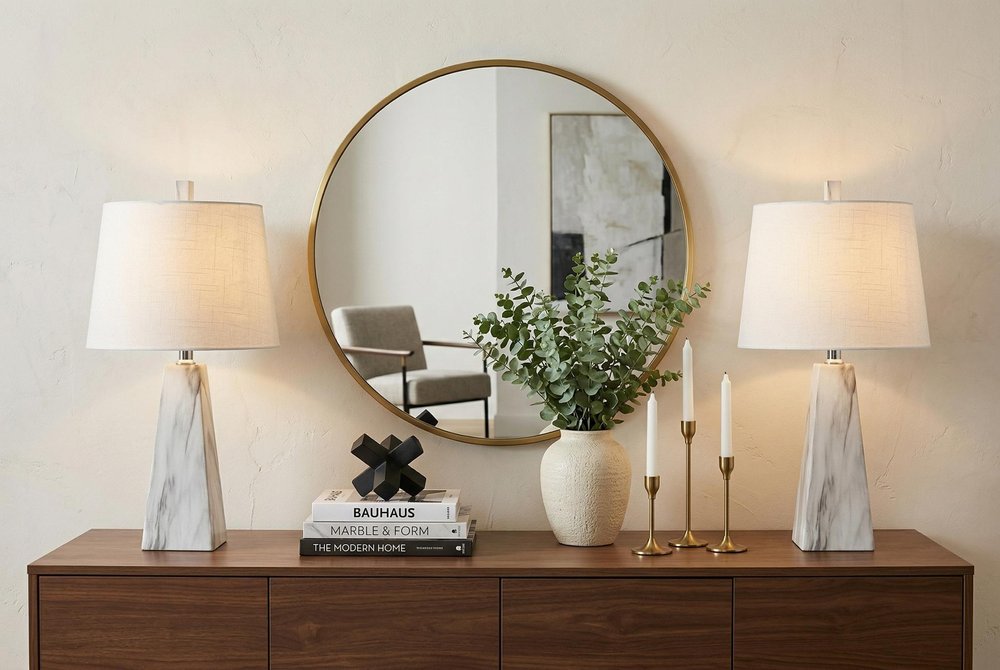 Set of Two 21" White Geometric Table Lamps With Empire Shades HomeRoots
