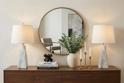 Set of Two 21" White Geometric Table Lamps With Empire Shades HomeRoots