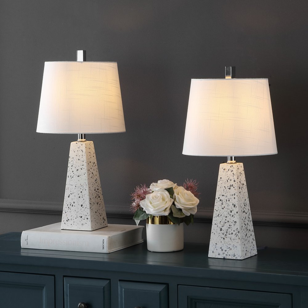 Set of Two 21" White Geometric Table Lamps With Empire Shades HomeRoots