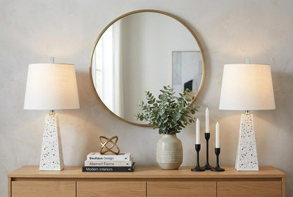 Set of Two 21" White Geometric Table Lamps With Empire Shades HomeRoots