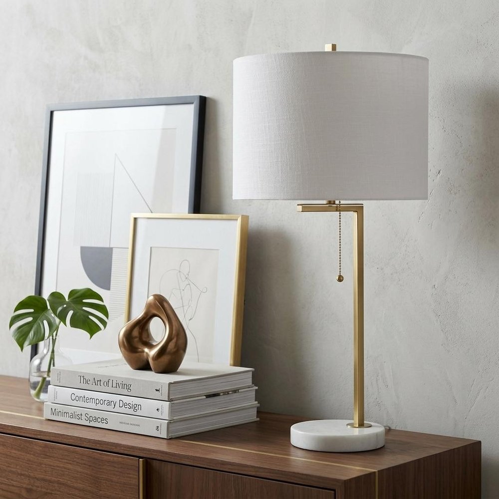25" Brass And White Round Table Lamp With Drum Shade — view 6