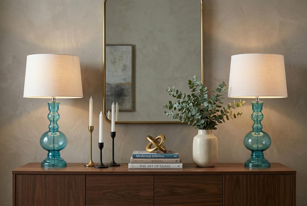 Set of Two 29" Blue Urn Table Lamps With Drum Shades HomeRoots