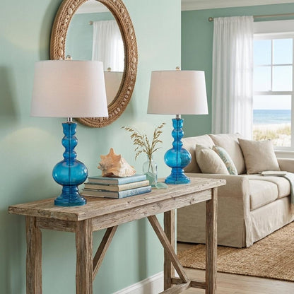 Set of Two 29" Blue Curved Body Glass Table Lamps With Drum Shades HomeRoots