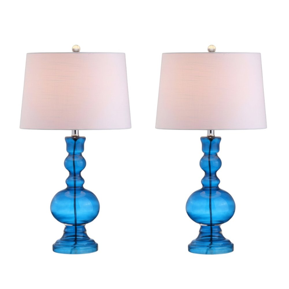 Set of Two 29" Blue Curved Body Glass Table Lamps With Drum Shades HomeRoots