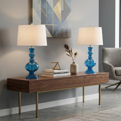 Set of Two 29" Blue Curved Body Glass Table Lamps With Drum Shades HomeRoots