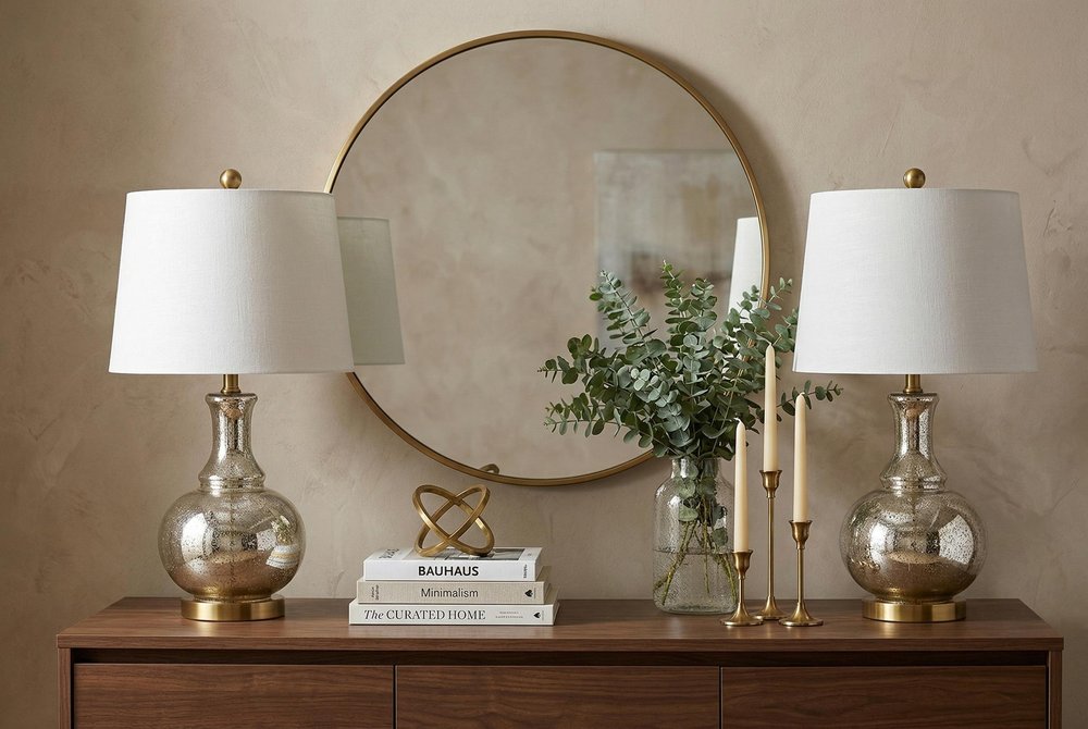 Set of Two 25" Silver Novelty Table Lamps With Drum Shades — view 7