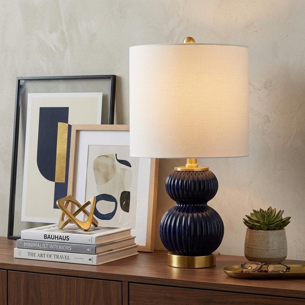 20" Navy Blue And Gold Gourd Table Lamp With Drum Shade HomeRoots
