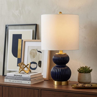 20" Navy Blue And Gold Gourd Table Lamp With Drum Shade HomeRoots