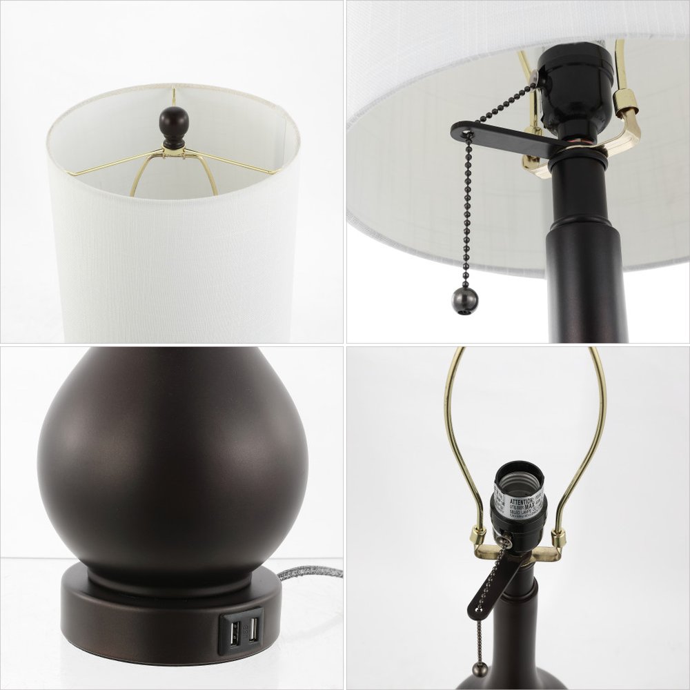 Set of Two 24" Antiqued Bronze Gourd Table Lamps With Drum Shades — view 1