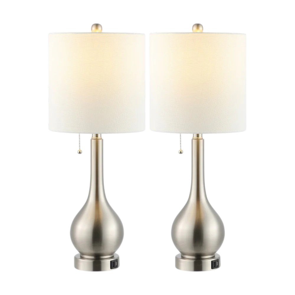 Set of Two 24" Nickel Gourd Table Lamps With Drum Shades HomeRoots