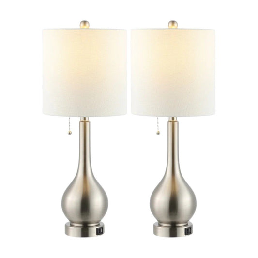Set of Two 24" Nickel Gourd Table Lamps With Drum Shades HomeRoots