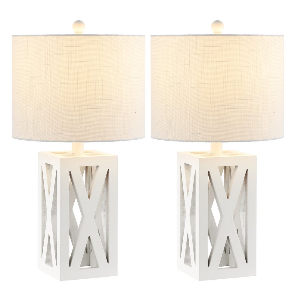 Set of Two 22" White Table Lamps With Drum Shades HomeRoots