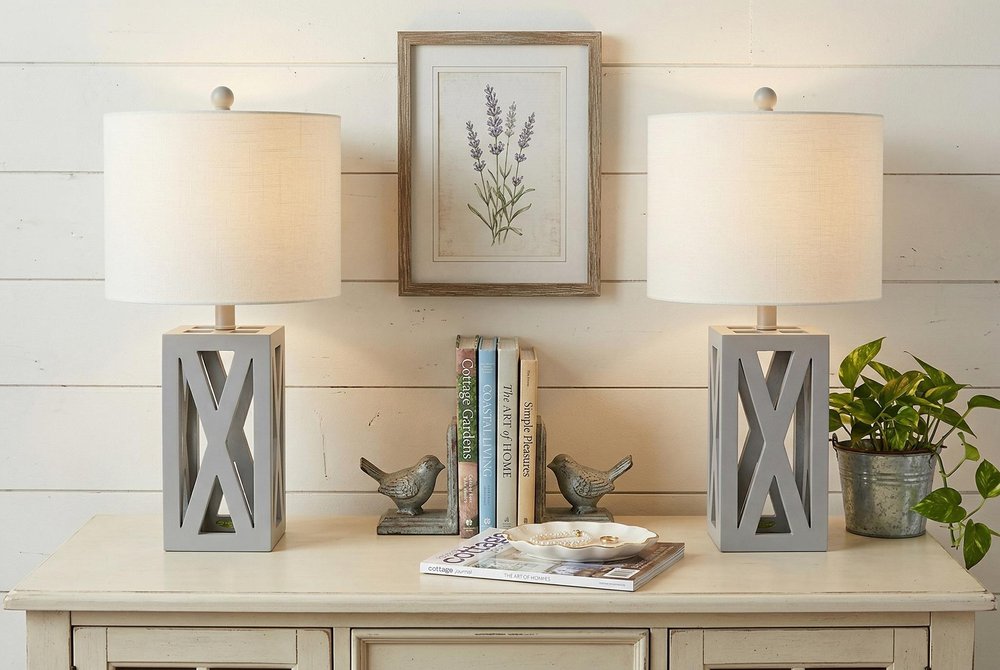 Set of Two 22" Gray Table Lamps With Drum Shades HomeRoots