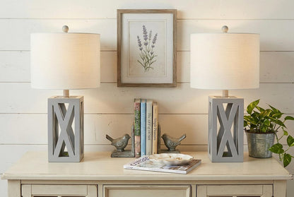 Set of Two 22" Gray Table Lamps With Drum Shades HomeRoots